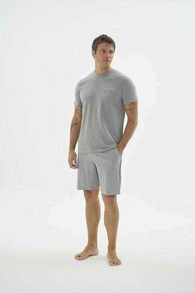 Sevim Men's Short Sleeve Striped Shorts Gray Melange Pajama Set C4T6N69