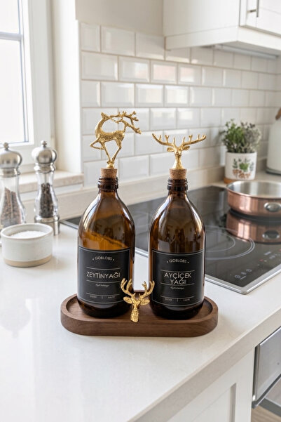 GO BLOBS Amber Glass Double Olive Oil-Sunflower Oil Bottle with Wooden Stand ...