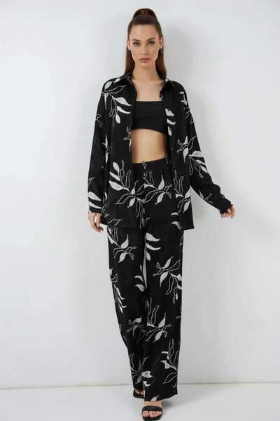 ALFA AKSESUAR 03 Women's Shirt Collar Floral Patterned Viscose Black Double Set