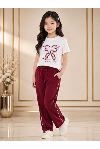 bubiee baby Girl's Design Bow Printed Pearl T-Shirt and Burgundy Striped Bott...
