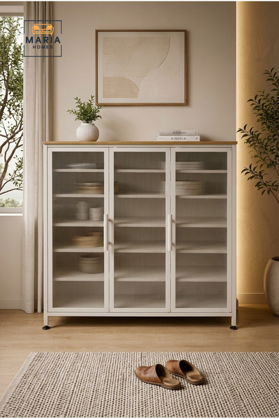 MARIA HOMES Modern Metal Storage Cabinet with Fluted Glass Doors – 3 Door Dis...