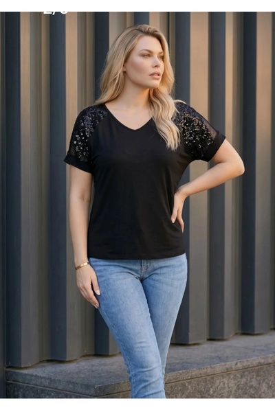 PARKDERİN Plus Size Soft Textured V-Neck Blouse with Shoulder Stone and Sequi...