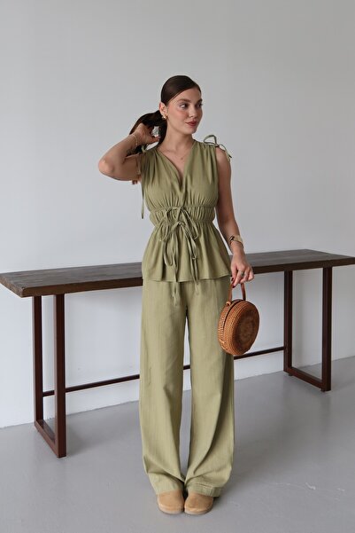 My Blog Set bluză și pantaloni Çağla, 100% bumbac, cu șnur în talie - Y286120