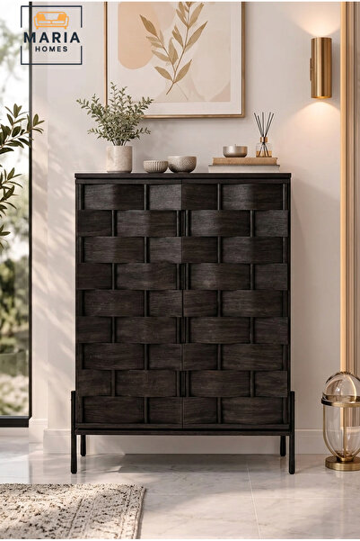 MARIA HOMES Modern Black Accent Cabinet with 3D Woven Door Design – Decorativ...