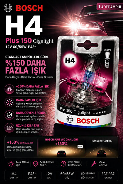 Bosch H4 Plus 150 Gigalight 12V 60/55W Halojen Far Ampulü %150 Daha Fazla Işı...
