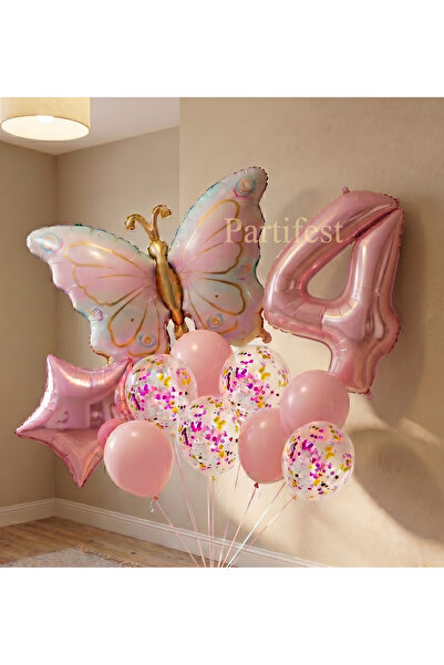 Partifest Kelebekli Doğum Günü Balon Seti Pembe - Folyo Rakamlı ve Konfetili ...