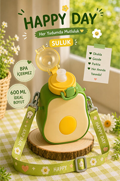 LUMY KIDS Avokado Tasarımlı Askılı Çocuk Suluk 600 ML Su Matarası