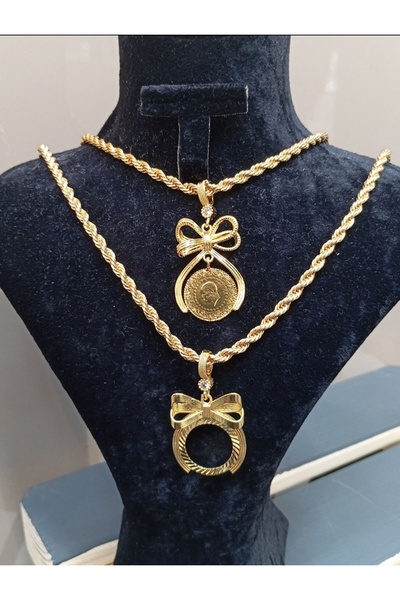GEZERGOLD TAKI çeyrekli fiyonk kolye fiyonk boş kolye 2li alım 22ayar altın k...