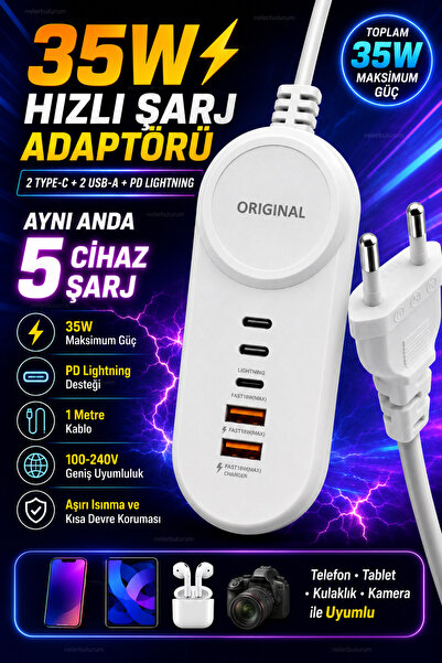 nelerbulurum Tüm Cihazlara Uyumlu 35W Hızlı Şarj Adaptörü 5 Çıkışlı 2 Type-C ...