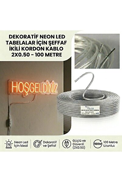 Poke Dekoratif Neon Led Tabelalar İçin Şeffaf İkili Kalay Kordon Kablo 2x0.50...