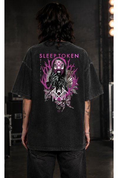 OPPPSSS Tricou oversize Sleep Token cu efect de spălare, cu imprimeu pe față ...