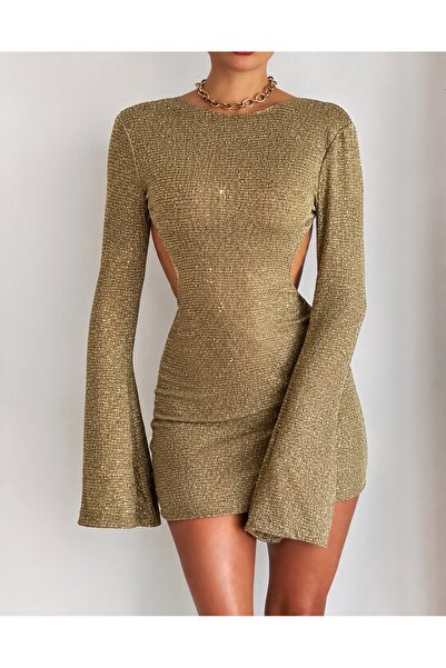 Elia Swimwear Rochie Mini Aurie Stralucitoare Cu Spatele Gol Si Maneci Evazat...