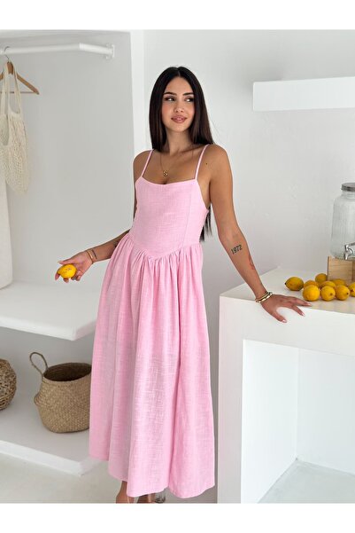 salome butik İP ASKILI PİLELİ YIRTMAÇLI UZUN ELBİSE