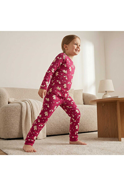 Juniors Cotton Crew Neck Long Sleeves Pyjama Set with Bow Print