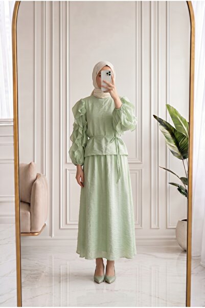 MİHRA STORE Eleni Suit with Ruffled Sleeves and Voile Skirt-En842 Water Green