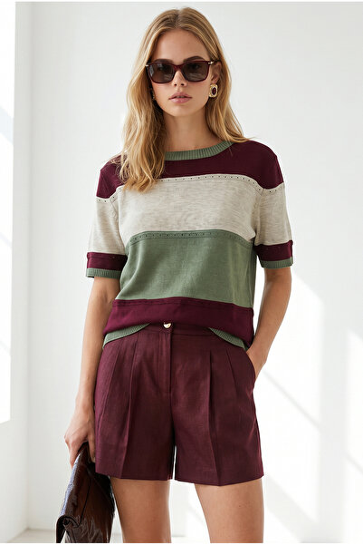 Olalook Women's Burgundy Color Block Mercerized Draped Knitwear Blouse Blz-19...