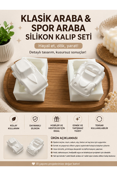 HobiCraft Market İkili Klasik ve Spor Araba Silikon Kalıp Seti – Epoksi, Mum,...
