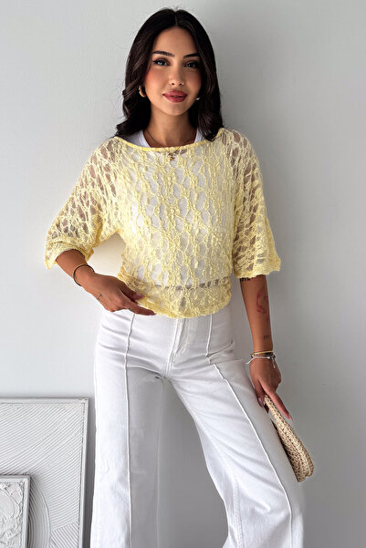 Noa&Noa Women's Openwork Lace Blouse Half Sleeve Transparent Knitted Knitwear...