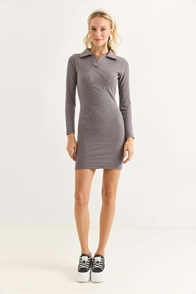 Raneel Kazançlı Alışveriş Women's Polo Collar Mini Dress Smoked