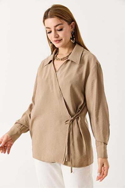 Raneel Kazançlı Alışveriş Women's Side Tie Shirt Collar Tunic Mink