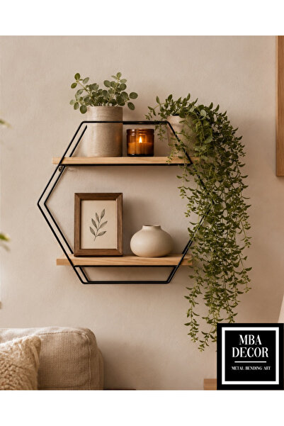 mba decor metal bending art MBA Decor Altıgen Metal Duvar Rafı 42 cm Siyah Doğal Çam Ahşap 2 Katlı Dekoratif Raf