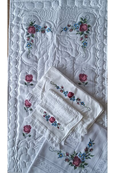SARRA HOME Hand Embroidered Dowry Cross-Stitch Prayer Rug Set - White - Rose ...