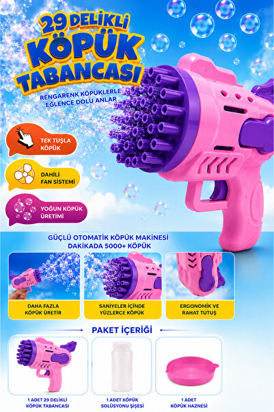 Happyland Pembe Mor Köpük Tabancası, 29 Delikli Çoklu Köpük Atan Tabanca, Bal...