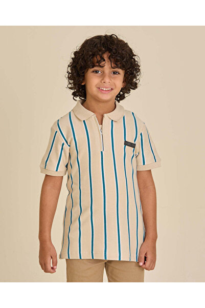 REDTAG Boys Beige Striped Polo Shirt