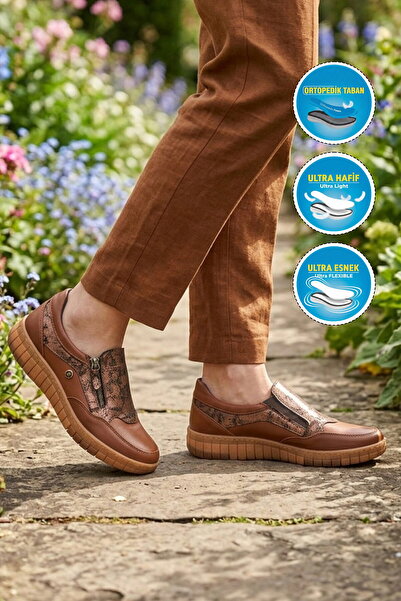 AYAKMOD Tan Patterned Genuine Leather Orthopedic Women's Casual Shoes 420 Lac...