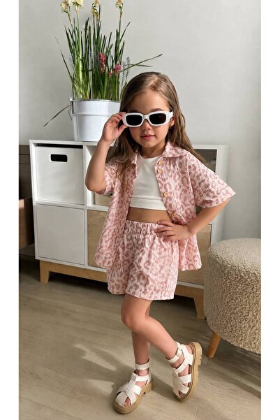 Butik KIZ ÇOCUK ŞORTLU TAKIM - PAMUKLU LİKRALI GOFRE - OVERSİZE GÖMLEK/ŞORT İ...