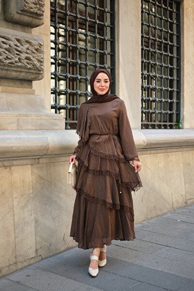 LOCCO Women's Layered Tulle Lace Detailed Dress Brown