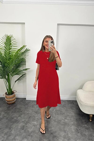 Generic Brand Women's Short Sleeve Slit Detailed Loose Viscose Dress