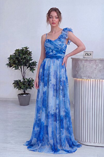 zks grup tekstil Women's Tie-Dye Patterned One-Shoulder Long Evening Dress wi...