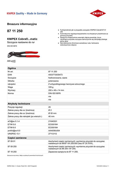 Knipex Clește pentru țevi Cobra 250mm (8711250)