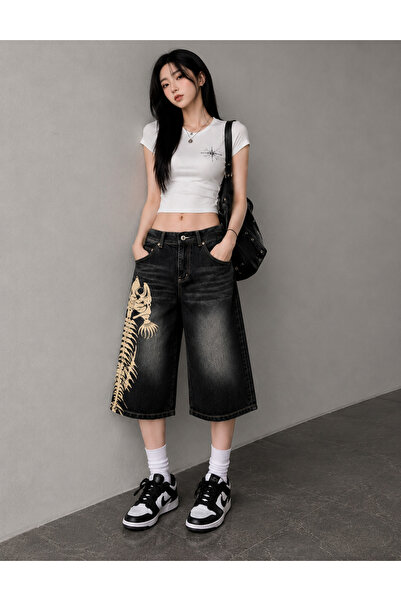 Violon Y2K Black Fish Skeleton Baggy Denim Bermuda Shorts