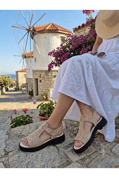 Çaçaroz Ayakkabı Large Size Suede Leather Trocley Laser Decorated Casual Sandals