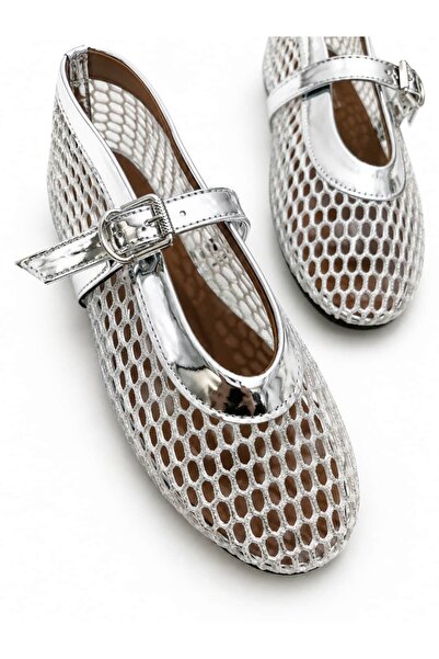 diclepolat Women's Silver Mesh Mary Jane Ballerina Buckle Round Toe Summer Ca...