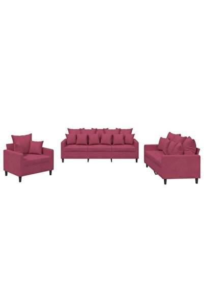 vidaxl Set de canapele cu perne, 3 piese, roșu vin, catifea