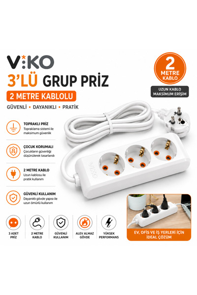 Vico 3'lü Topraklı Grup Priz 2 Metre Uzatma Kablosu Çoklu Priz