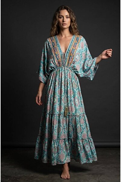 moda gk Ethnic Patterned Shiny Patterned Bohemian Silk Dress