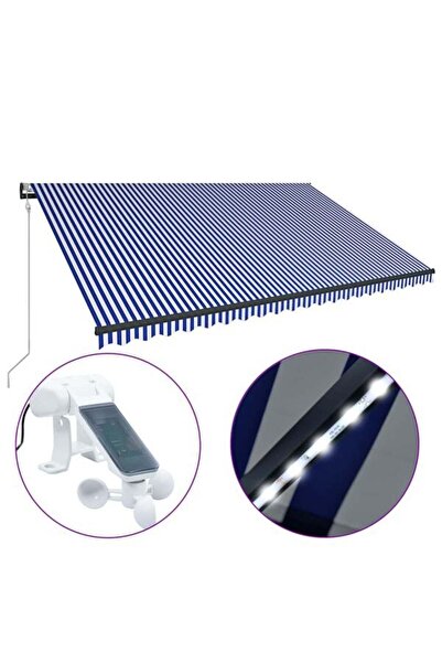 vidaxl Copertină cu senzor de vânt și LED, albastru și alb, 500 x 300 cm