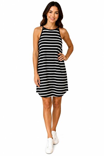 NO BRAND Rochie mini mărime XL casual cu dungi alb negru stil halter fără mân...