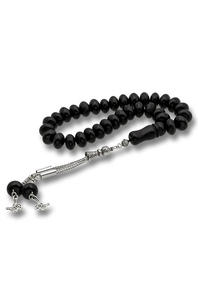 Gumush Black 7X10.5 mm Rondela Cut Russian Rosary with Metal Tassels