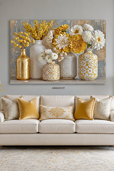 Arkeot Gold Vazolar Dekoratif Kanvas Duvar Tablosu Modern Büyük Yatay Salon O...
