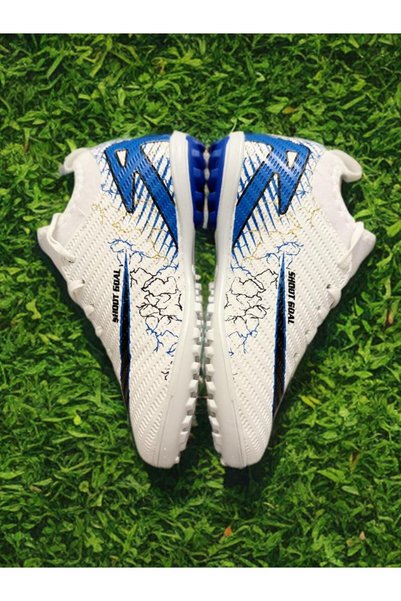 sinmm Children's Turf Soccer Shoes White-Blue High-Top Grass Field (Flat)