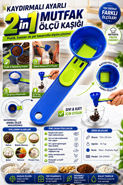 nelerbulurum Kaydırmalı Ayarlı 2in1 Mutfak Ölçü Kaşığı Kahve Protein Hamur İş...
