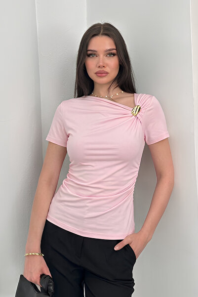 AKD Atelier Women's T-Shirt Short Sleeve Asymmetrical Collar Gold Buckle Deta...