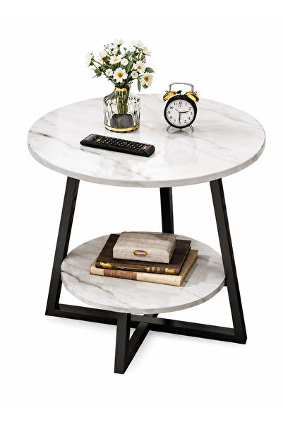 N.zone Elegant Marble-Style Double-Top Round Side Table - 40X40X55Cm, with Pr...