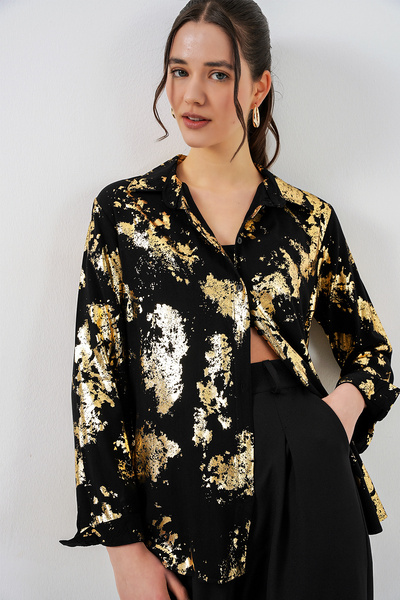 Merterium Women's Foil Patterned Shirt 1340 - G. Black