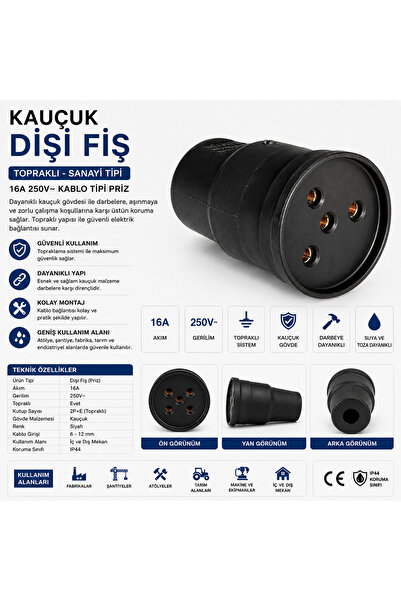 Markasız ucuz Kauçuk Dişi Fiş Topraklı 16A 250V Sanayi Tipi Dayanıklı Priz